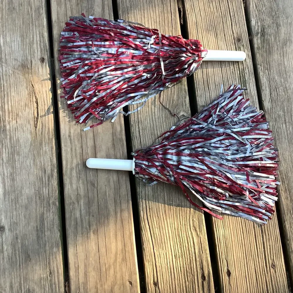 Vintage 90s Y2K Cheerleading Pom Poms Maroon & Silver Grey 12